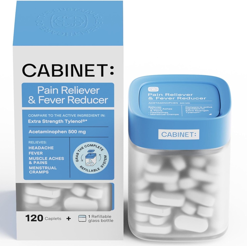 Kabinet: 500mg acetatfen za lajšanje glavobola, zoboboli, boleče grlo, in vročina reduktor, Vključuje 1 Ponovno polnjenje medicina Jar, 120 tablet (Starter Kit)