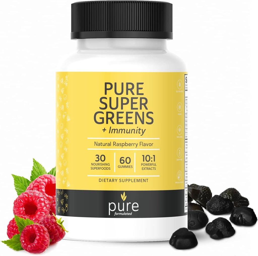 Super Greens Multivitaminske žvečilke za odrasle in otroke Imunska podpora Gumies - 30 Superfoods Veganski dodatki - Naravna malina aroma (60 Count)