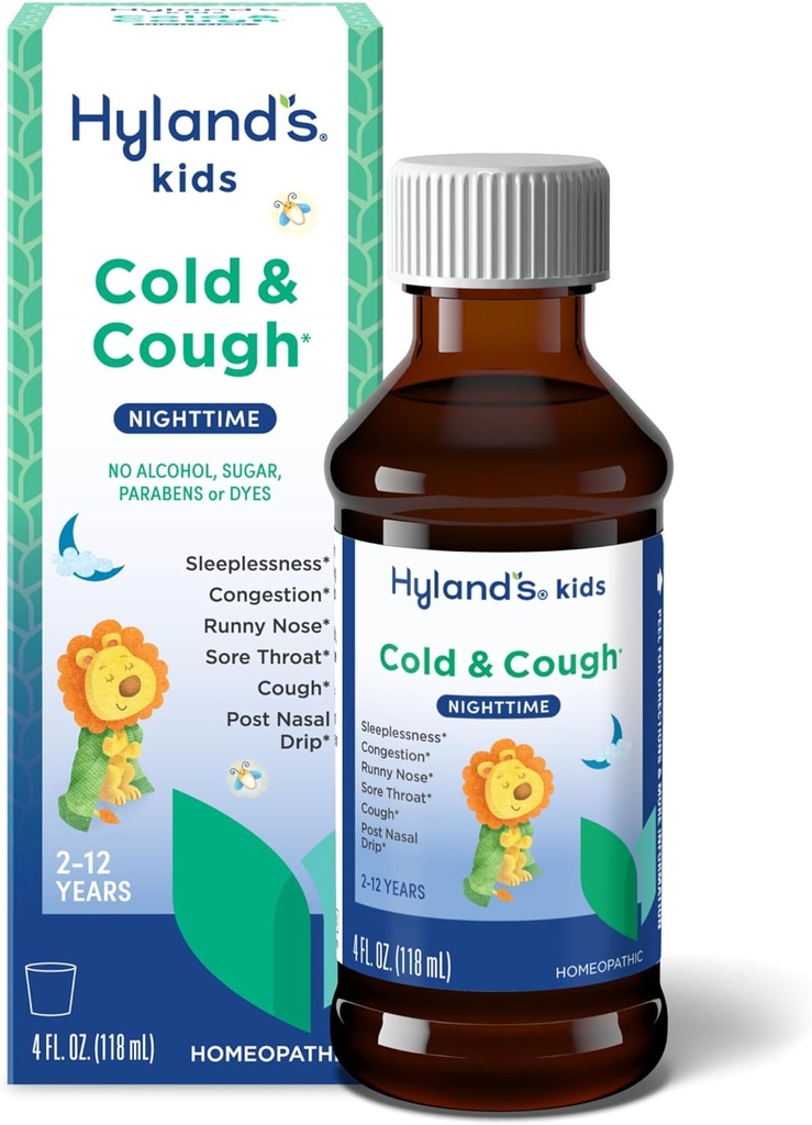 Hyland's Kids Cold and Cough, nočni kašelj Sirup Medicina za otroke starosti 2 in up, Dekongestiv, Bolečine za grlo in nespečnost, Olajšanje skupnih simptomov prehlada, 4 Fl Oz
