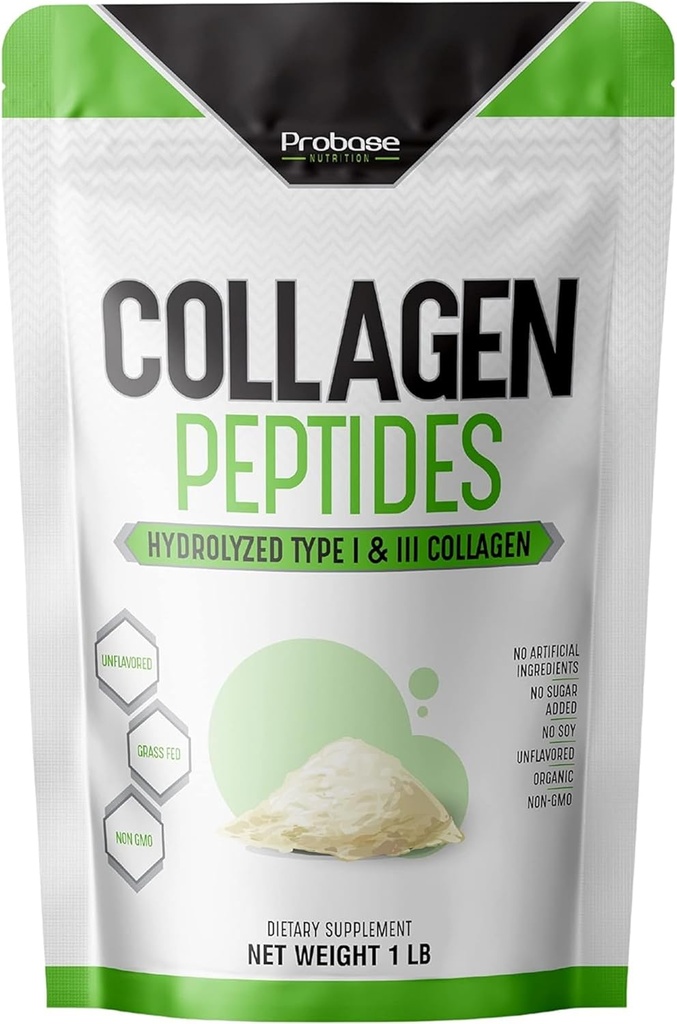 Probase Nutrition Collagen Peptides Powder (tip I, III) za kožni nail spoj, hidroliziran za boljšo absorpcijo kolagena, ne-GMO preverjen, Keto prijazno in Gluten brezplačno, bela, 16 Oz
