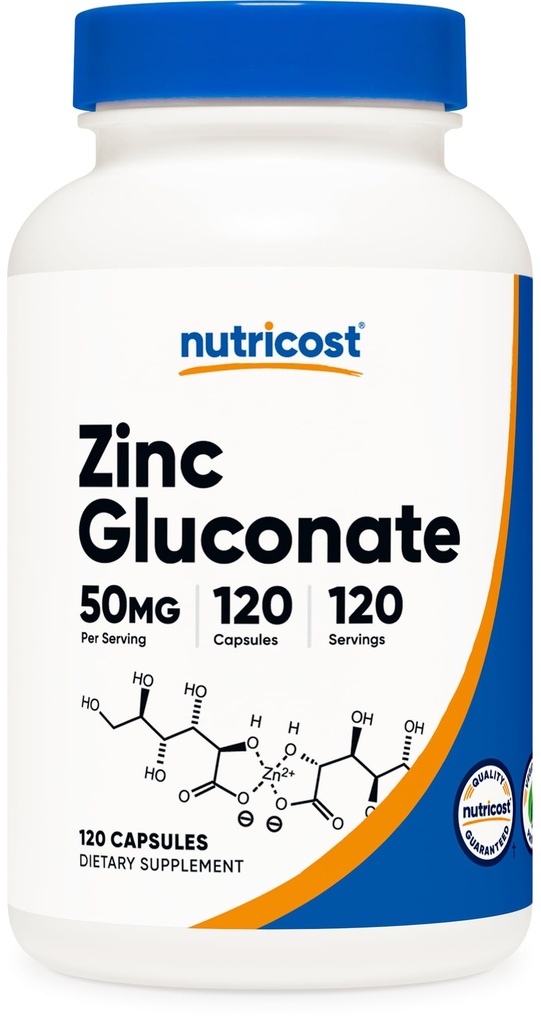 Nutricost cinkov glukonat 120 vegetarijanskih kapsul (50 mg) - brez glutena in brez glutena