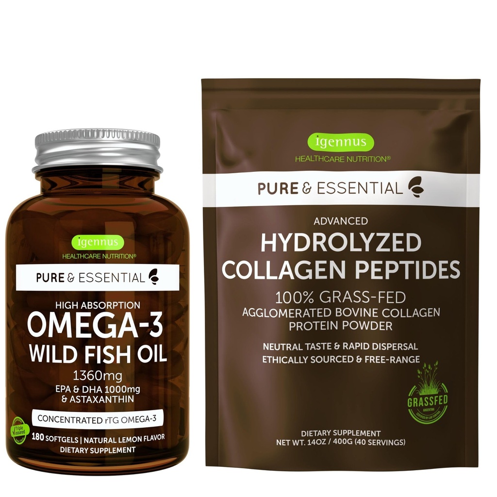 Visoka absorpcija Omega-3 Divje ribje olje 1360mg & Napredno hidroliziran Kolagen Peptides Bundle, 1000mg EPA & DHA z Astaksantin & 100% Grass Fed Goveje beljakovine v prahu, Igennus