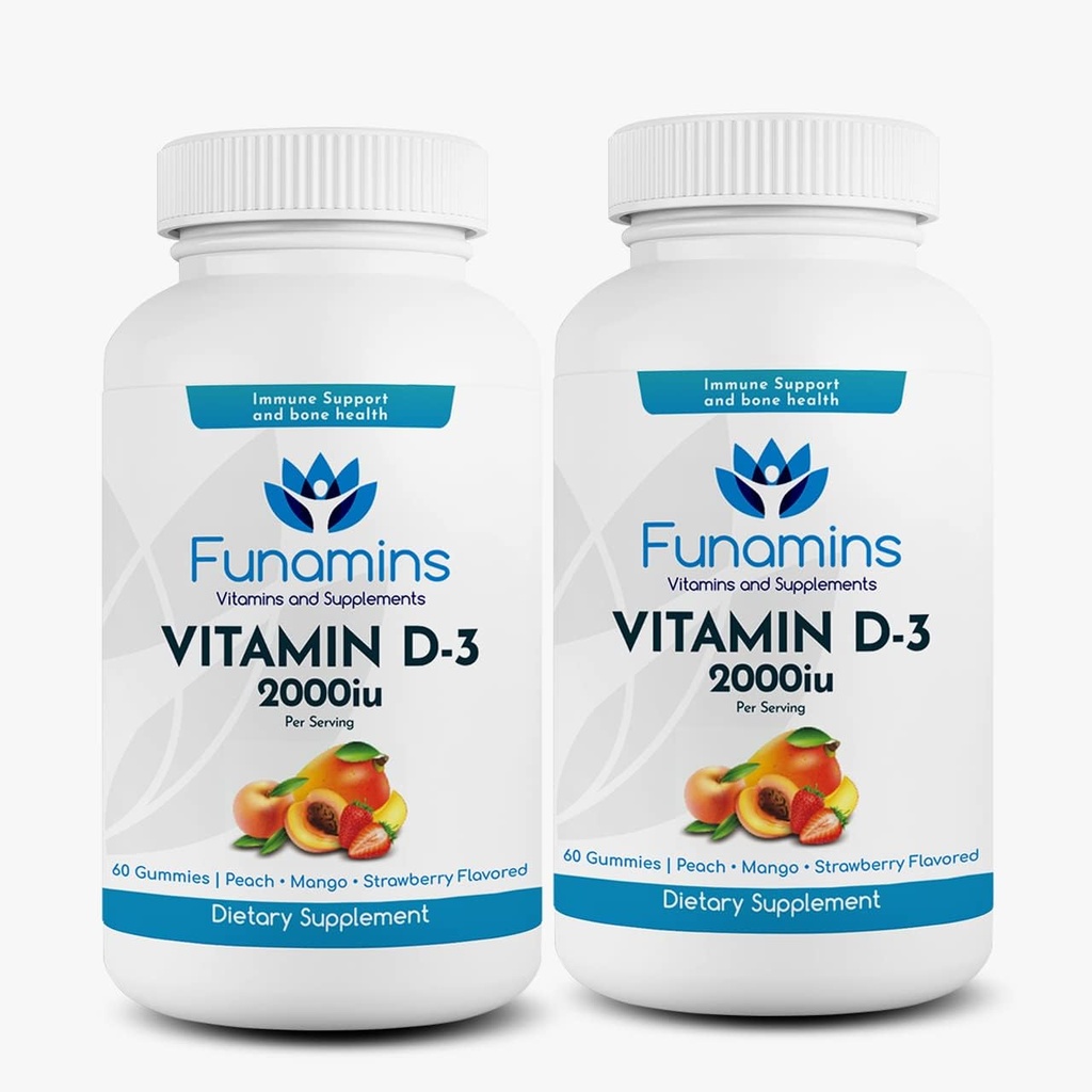 Vitamin D3 Gummies, 2-Pack, 60 Število vsak, 2000iu na služijo, Podpira imunski sistem in zdravje kosti; za otroke & odrasli; Breskve, Mango, Jagodne arome