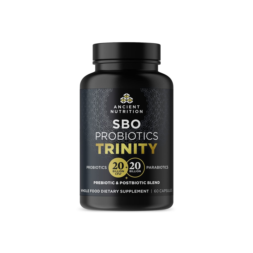 Ancient Nutrition SBO Probiotic Trinity Daily Care, Probiotics for Digestive Health, 40 Milijardna mešanica prebiotikov, probiotikov, postbiotikov in parabiotikov zmanjšuje občasno bljuvanje, 60 Count