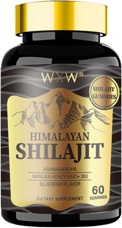 WXW Himalajski Shilajit Gumies, 60 Count, borovničev okus, Podpira po treningu okrevanje, Imunski sistem, Prebava, um in spomin, zdravo srce, kognitivne sposobnosti (1 steklenica, zlato Shilajit)