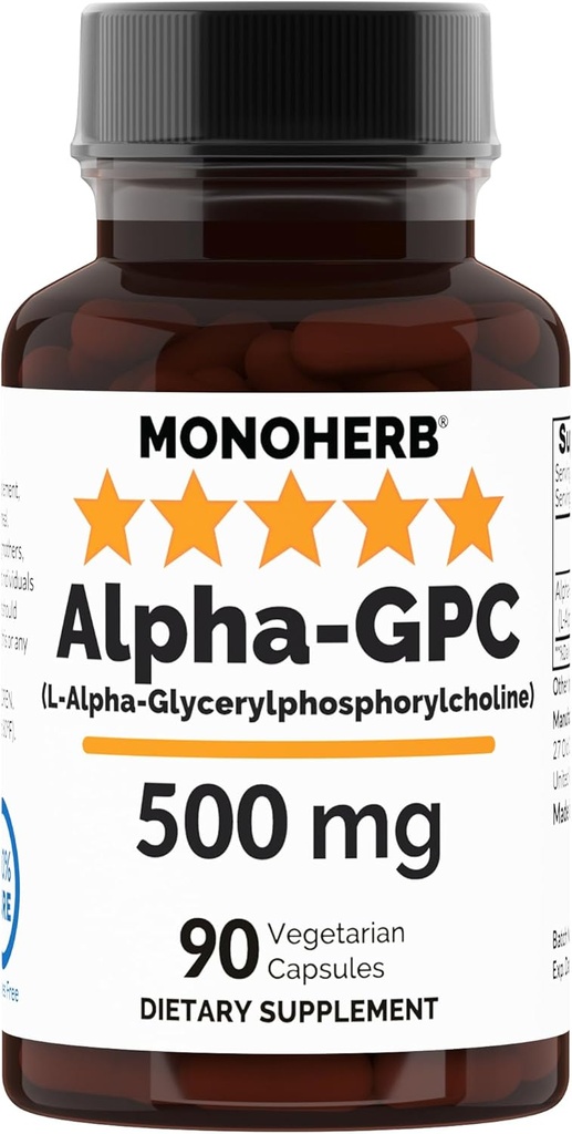 MONOHERB alfa-GPC 500 mg - 90 veganskih kapsul, nootropičnih za podporo možganov, fokus, spomin, motivacijo in energijo