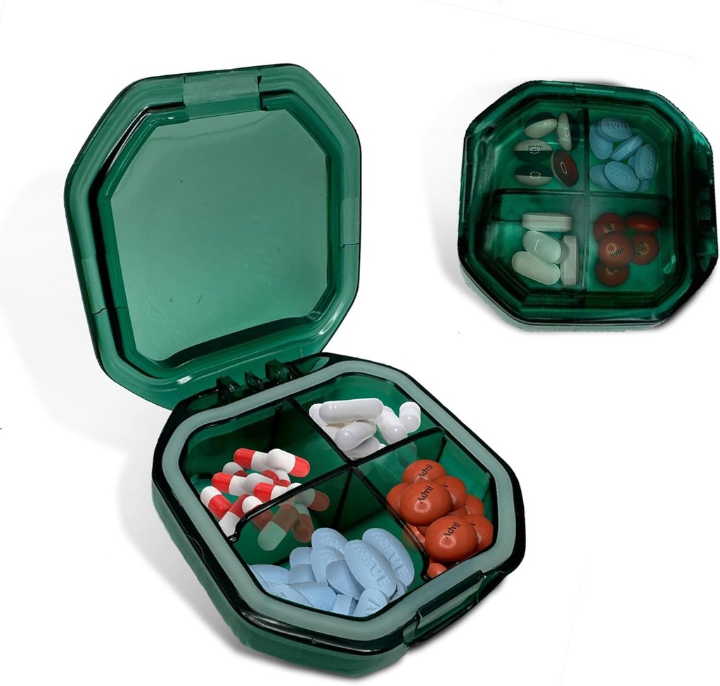 Organizator potovalne tablete - Trajna, nepropustna tabletke Primer Velikost potovanja s 4 predelki - Kompaktna tabletke Travel Case za vitamine, dodatki, Medicina - Travel Pill Container za Purse (zelena)