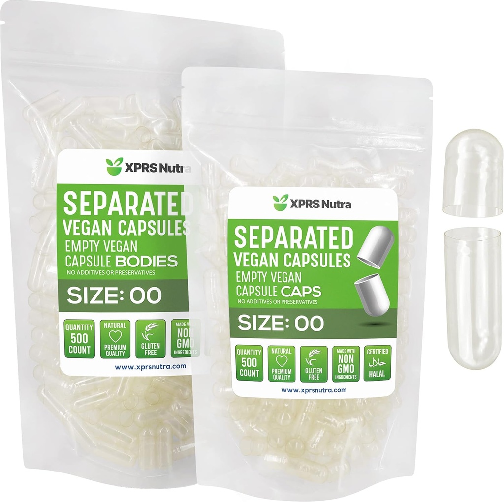 XPRS Nutra Vegan Velikost 00 Ločene kapsule - 500 Štetje Premium prozorne prazne kapsule ločene v vrečah - 00 Tablete prazne za polnjenje DIY
