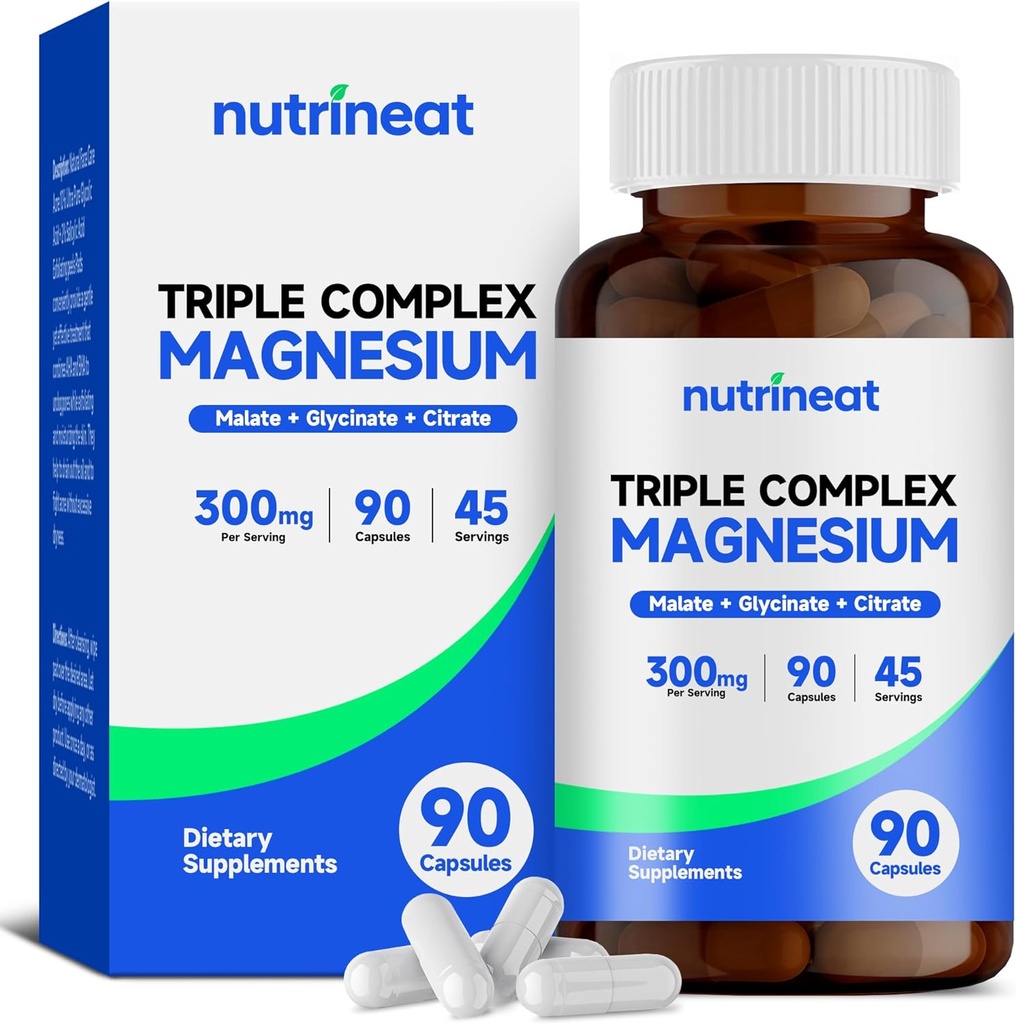 Trojni magnezijev kompleks (90 kapsul), 300 mg magnezijevega glicinata, citrata in malata za mišice, živce in energijo, visoka absorpcija, vegan, ne-GMO
