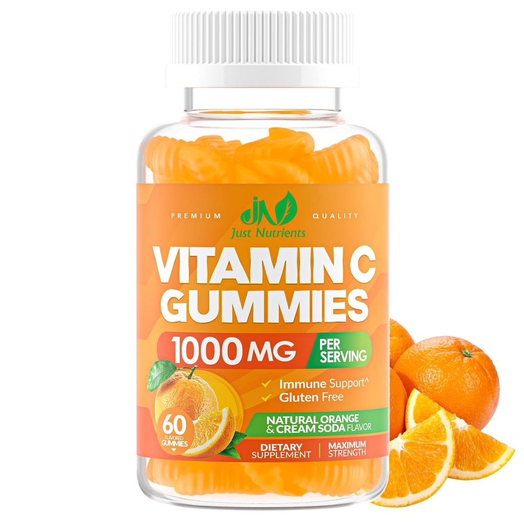 Vitamin C Gumies 1000mg za odrasle in otroke – žvečljivi multivitamin z cinkom za imunski sistem in kolagen podporo za kožo – pomarančni okus – Gluten prost, ne-GMO, vegetarijanski – 60 Gumijev