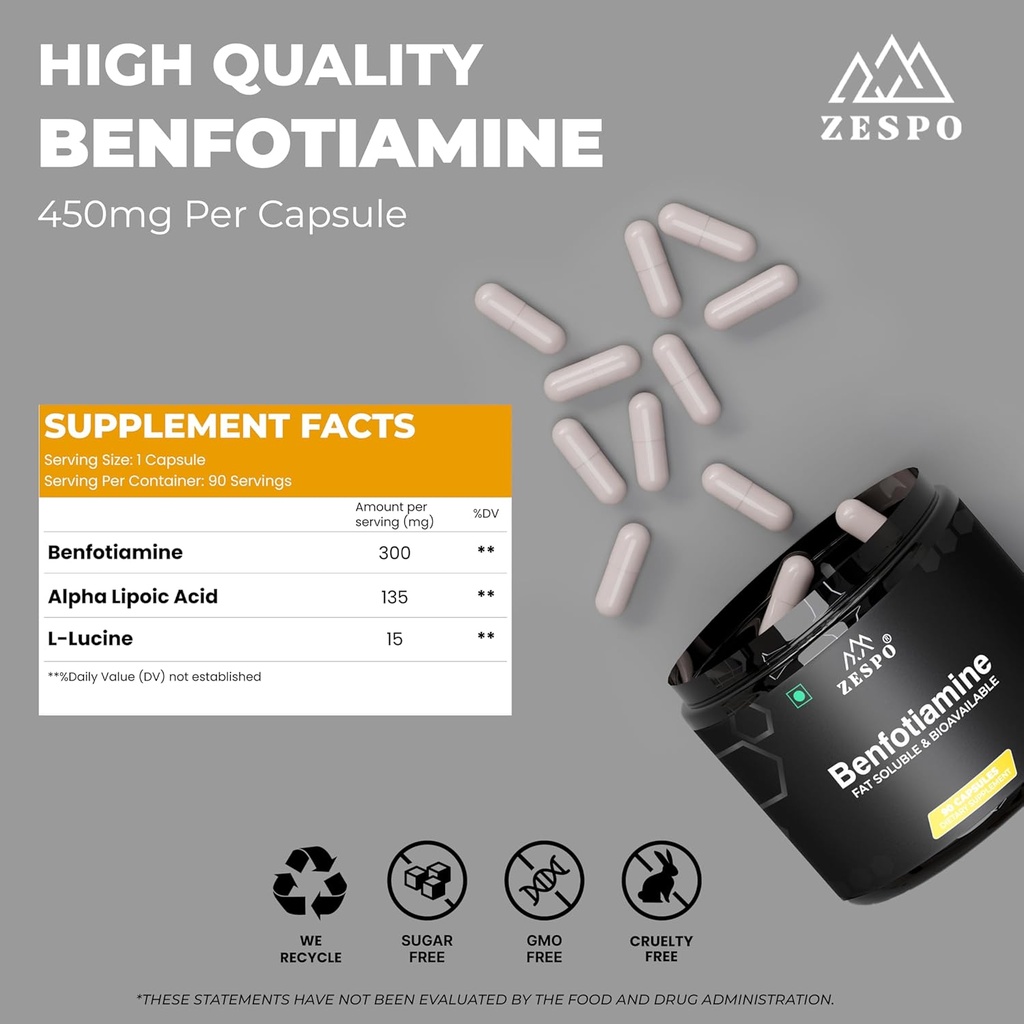 Benfotiamin 450 mg – 90 kapsul,podpora celično zdravje z alfa lipoično kislino in L-levcinom, Daily Nutritional & Wellness Formula