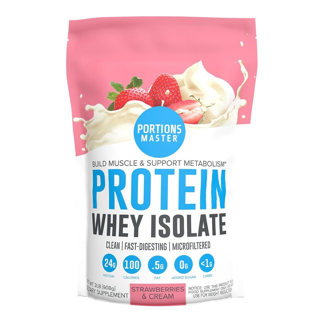 Portioni Master CFM Beljakovine sirotkinega izolata v prahu, 2 LB, 23g z nizko vsebnostjo ogljikovih hidratov, nizko vsebnostjo maščob, hladno obdelani, hitro absorbirajo, podpora za rast mišic in regeneracijo (Jagode in smetana)