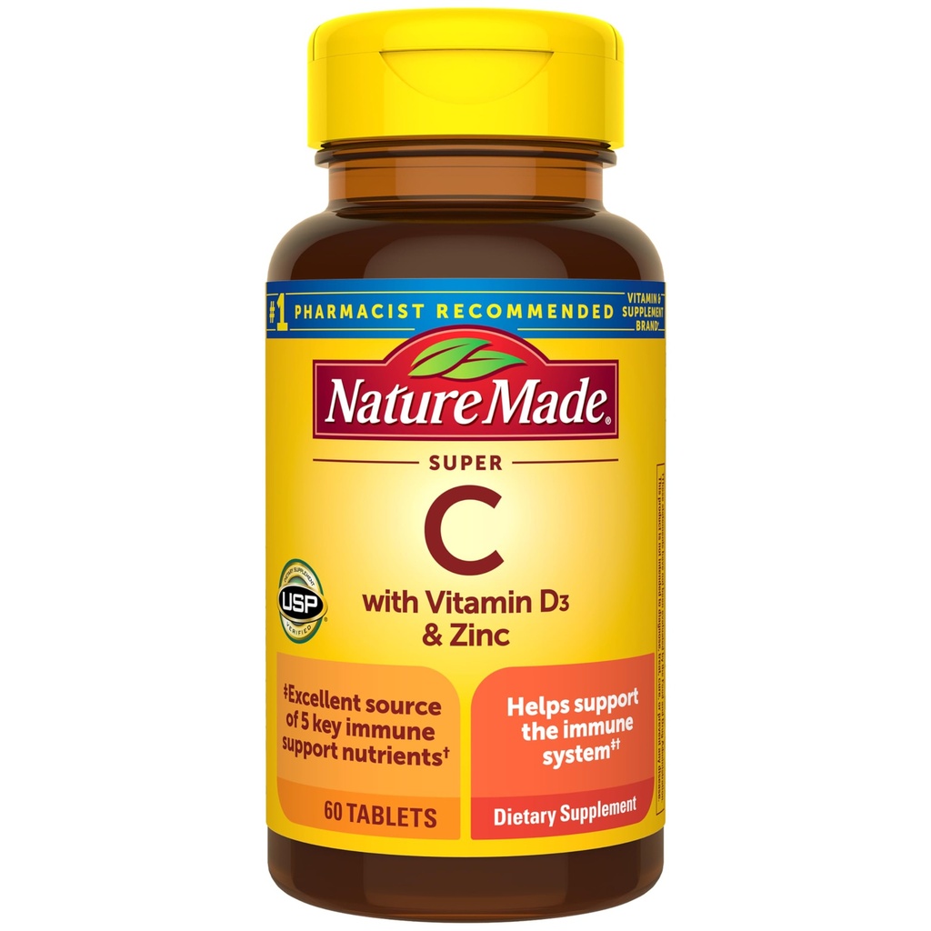 Nature Made Super C, Vitamin C in cink z vitaminom D3, prehranska dopolnila za imuno podporo, 60 tablet, 60 dnevna dobava