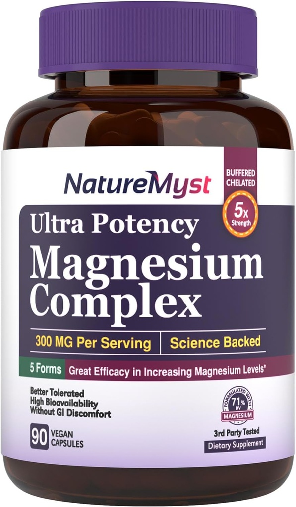 Magnezijev kompleks, 300 mg Elementni magnezij, glicinat, citrat, malat, visoka moč, najboljša absorpcija, za mišice, živec, srce, spanje, zaprtje in več, 90 Veganskih kap