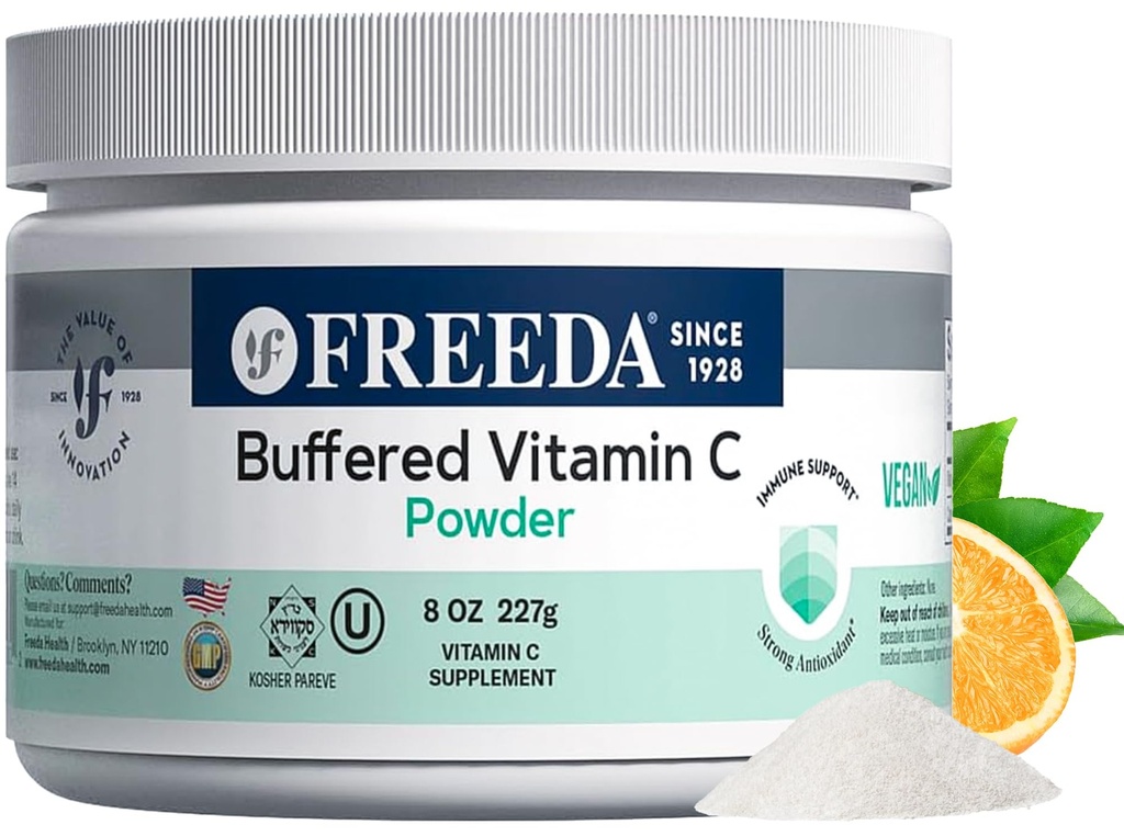 FREEDA Buffered Vitamin C Powder – Non-Acidic, Stomach-Friendly Vitamin C for Sensitive Individuals – Vegan, Kosher, Sugar-Free Immune Support – 8 oz