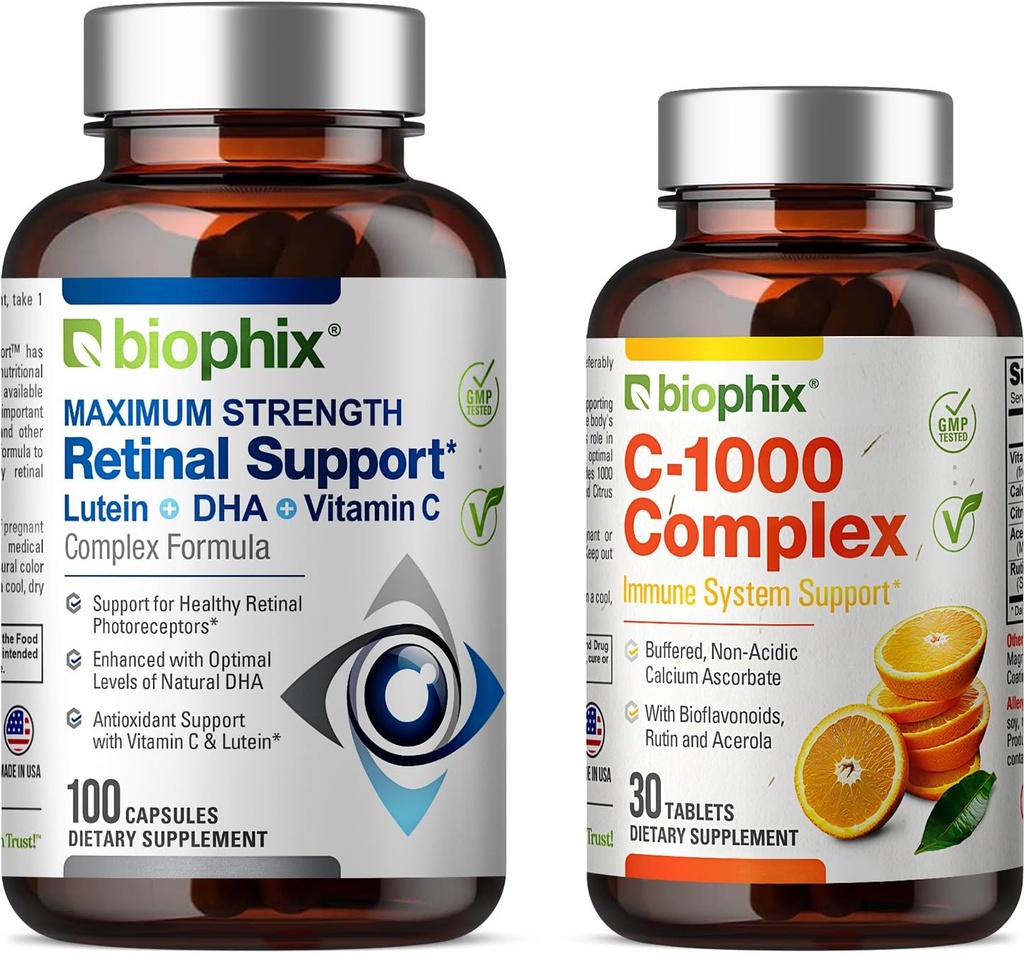 Biophix Podpora za mrežnico Maksimalna moč Kompleksna Formula 100 Kapsule - proste C- 1000 30 Tablete - cinkov vitamin C E lutein DHA Omega-3 Astaksantin Hialuronska kislina - Podpira Očesni vid Zdravje