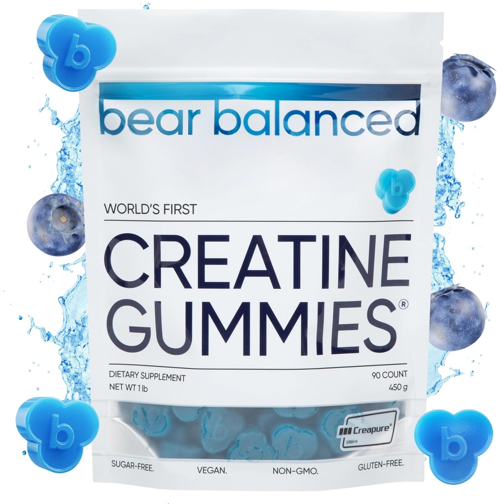 Bear Balance Creatine Gumies za moške in ženske - Creapure® Kreatin Monohidrat, L-teanin, L-tirozin & B12 za mišično rast, moč, fokus, energijo in zdravje - Nizka kalorie, sladkor brez, & Vegan