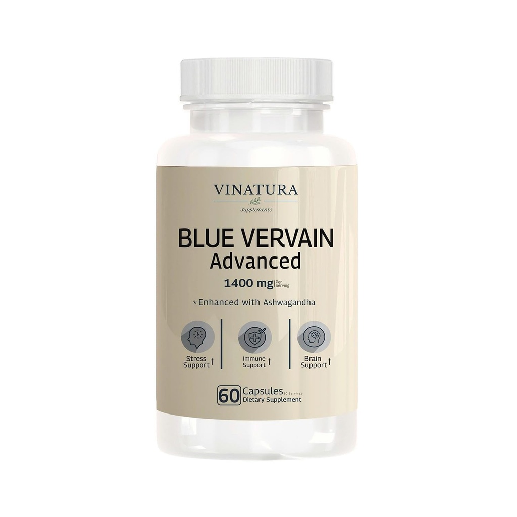 VINATURA Blue Vervain Advanced with Ashwagandha - 1400mg na servacijo, Blue Vervain kapsule, Blue Vervain čaj Alternative, zdravje možganov, Stress Relief, Ashwagandha dodatki - 60 kapsul