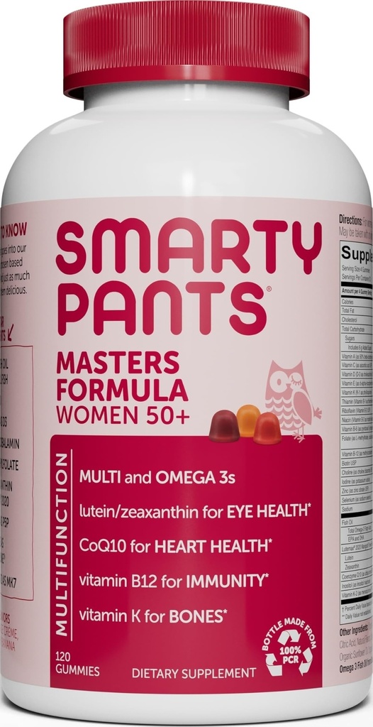 SmartyPants Multivitaminski gumi za ženske 50 in več: Omega 3 ribje olje (EPA/DHA), metilfolat, CoQ10, vitamin D3, C, vitamin B12, B6, A, K & cink, biotin, gluten brez, 120 Število (30 dnevna dobava)
