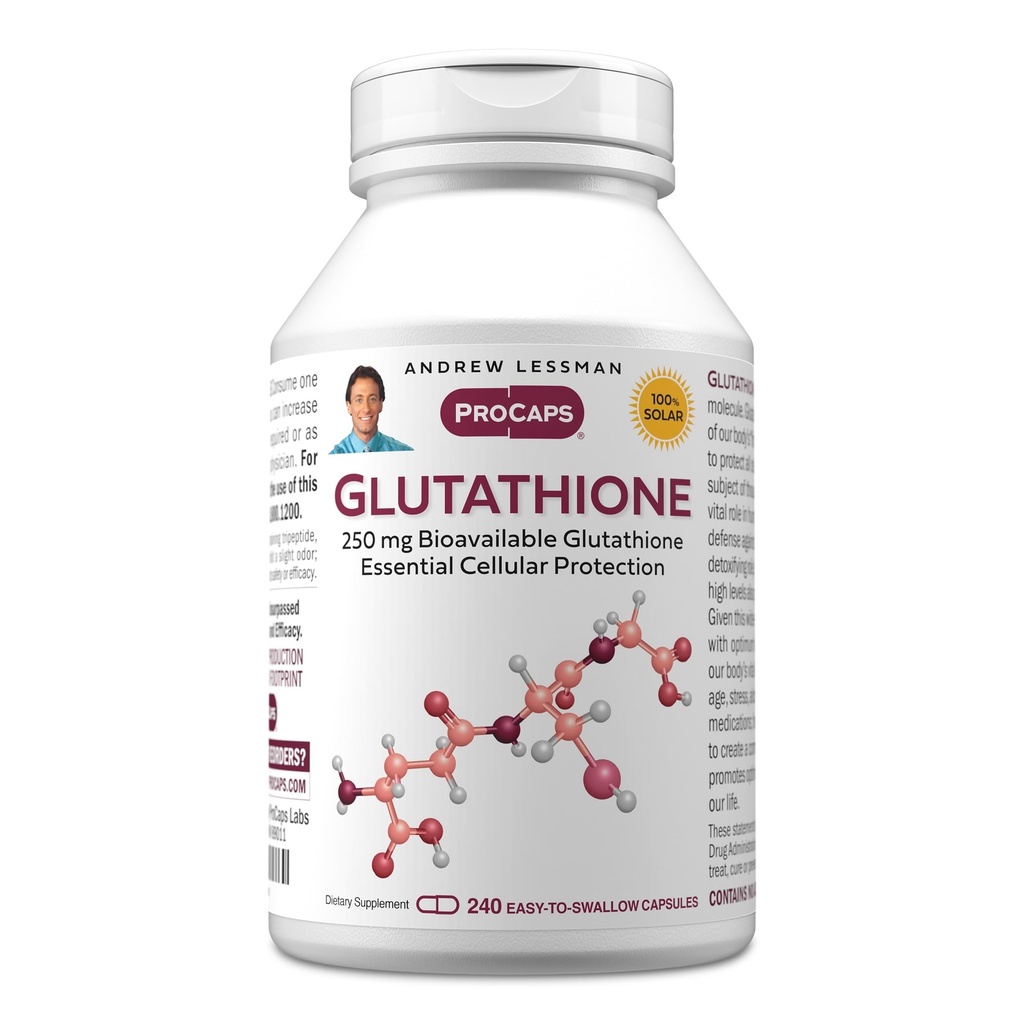 ANDREW LESSMAN Glutatione 250 mg - 240 Kapsule - močan antioksidant, zmanjša oksidacijski stres. Biološka razpoložljivost, ščiti celice, tkiva, organe. Podpira Imunsko zdravje. Kapsule, ki so enostavne za uporabo.