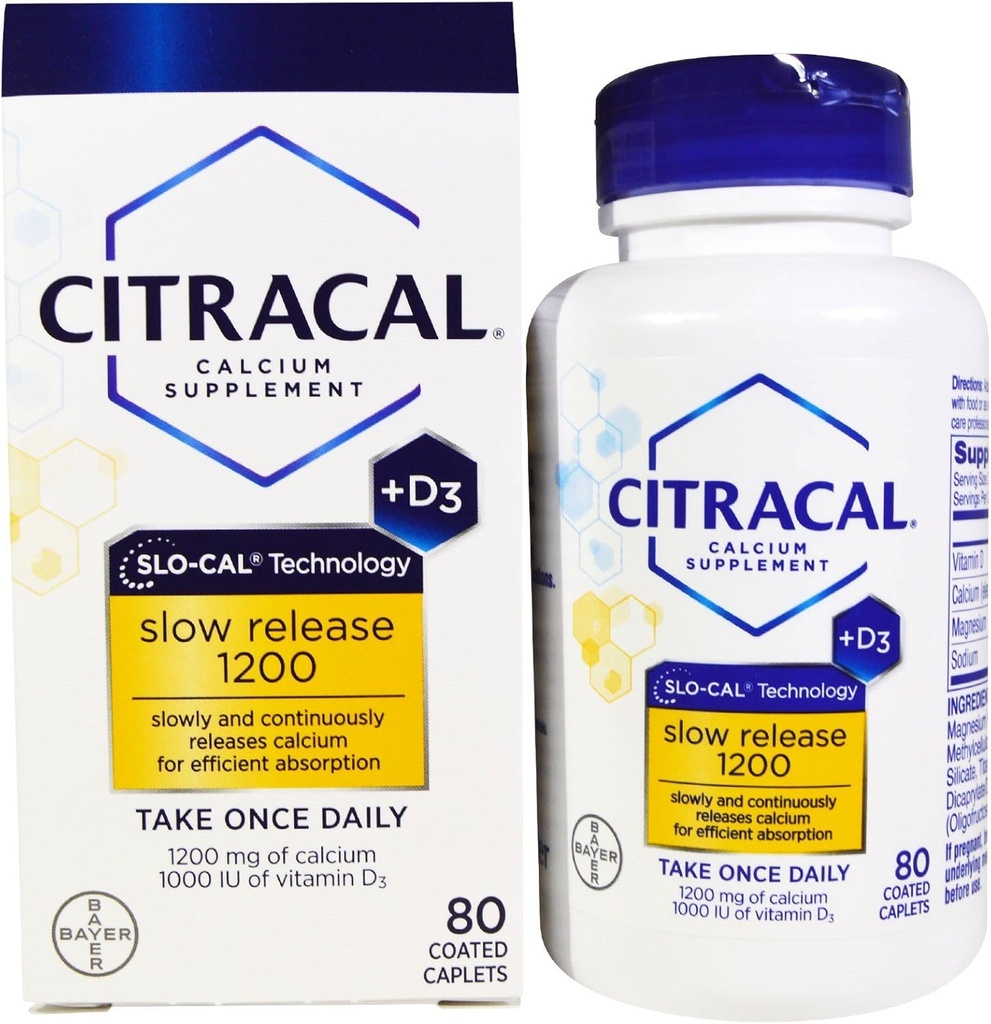 Citrakalni kalcij + D počasno sproščanje 1200, obložene tablete - 80 ea (paket po 2)