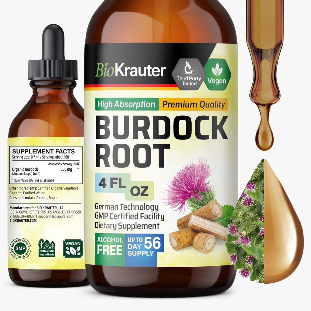 BIO KRAUTER Burdock Root Tinkture - Antioksidant podpora Tekoči dodatek - Burdock korenski ekstrakt - Alkohol in sladkor brez - Veganske kapljice 4 Fl.Oz.