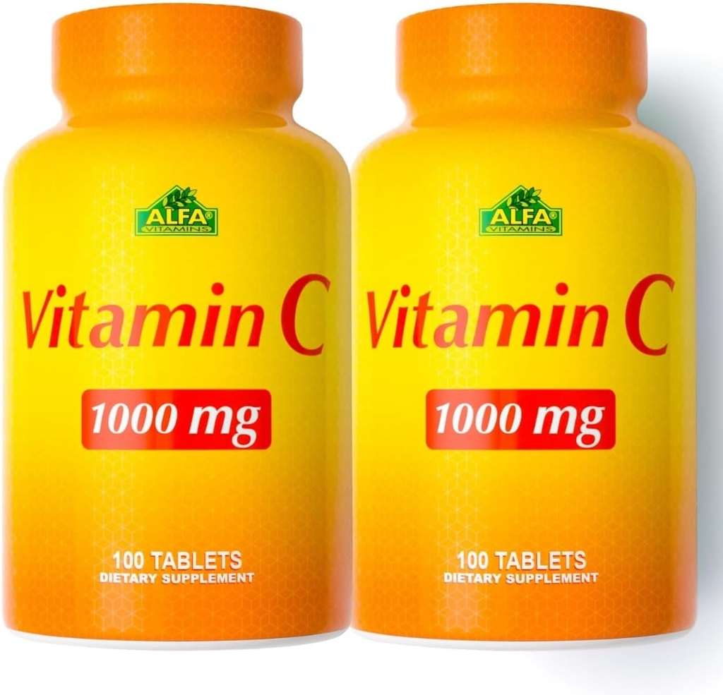 ALFA VITAMINS Vitamin C Dodatek 1000mg, Močan antioksidant za imuno podporo in zdravo kožo, spodbuja kolagen formacijo, prehransko dopolnilo za dnevno wellness, 100 tablet, 2 steklenica