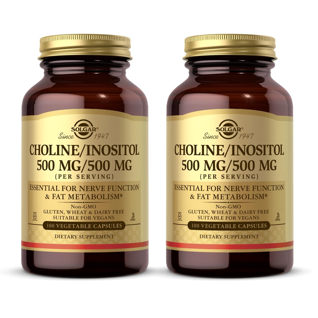 Solgar Choline/Inositol 500 mg/500 mg, 100 zelenjavnih kapsul (paket po 2) – energijska presnova, zdravje jeter, bistvenega pomena za delovanje možganov in živcev - ne-GMO, Vegan, Košir - 100 skupnih serverjev