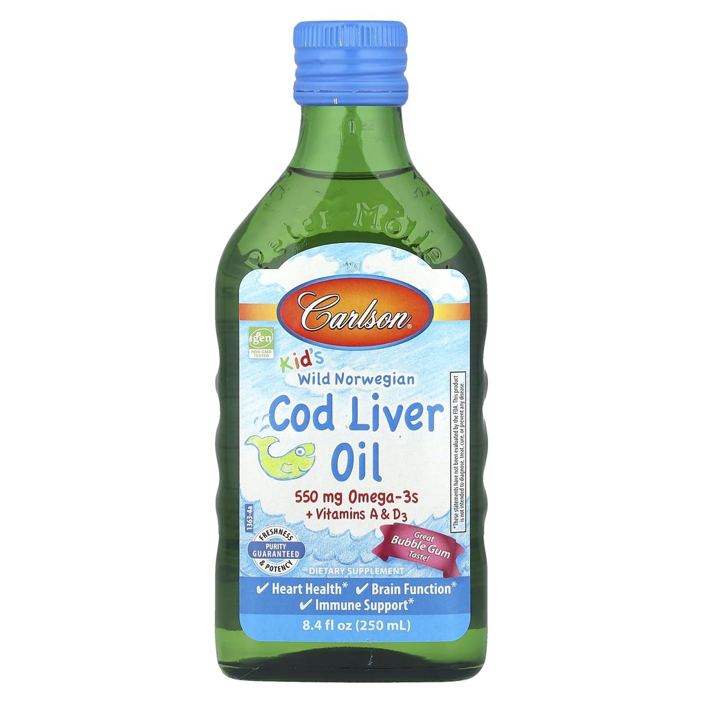 Carlson Kid's Wild Norvežan, Cod Jetrno olje + vitamini A & D3, Bubble Gum, 8.4 fl oz (250 ml)