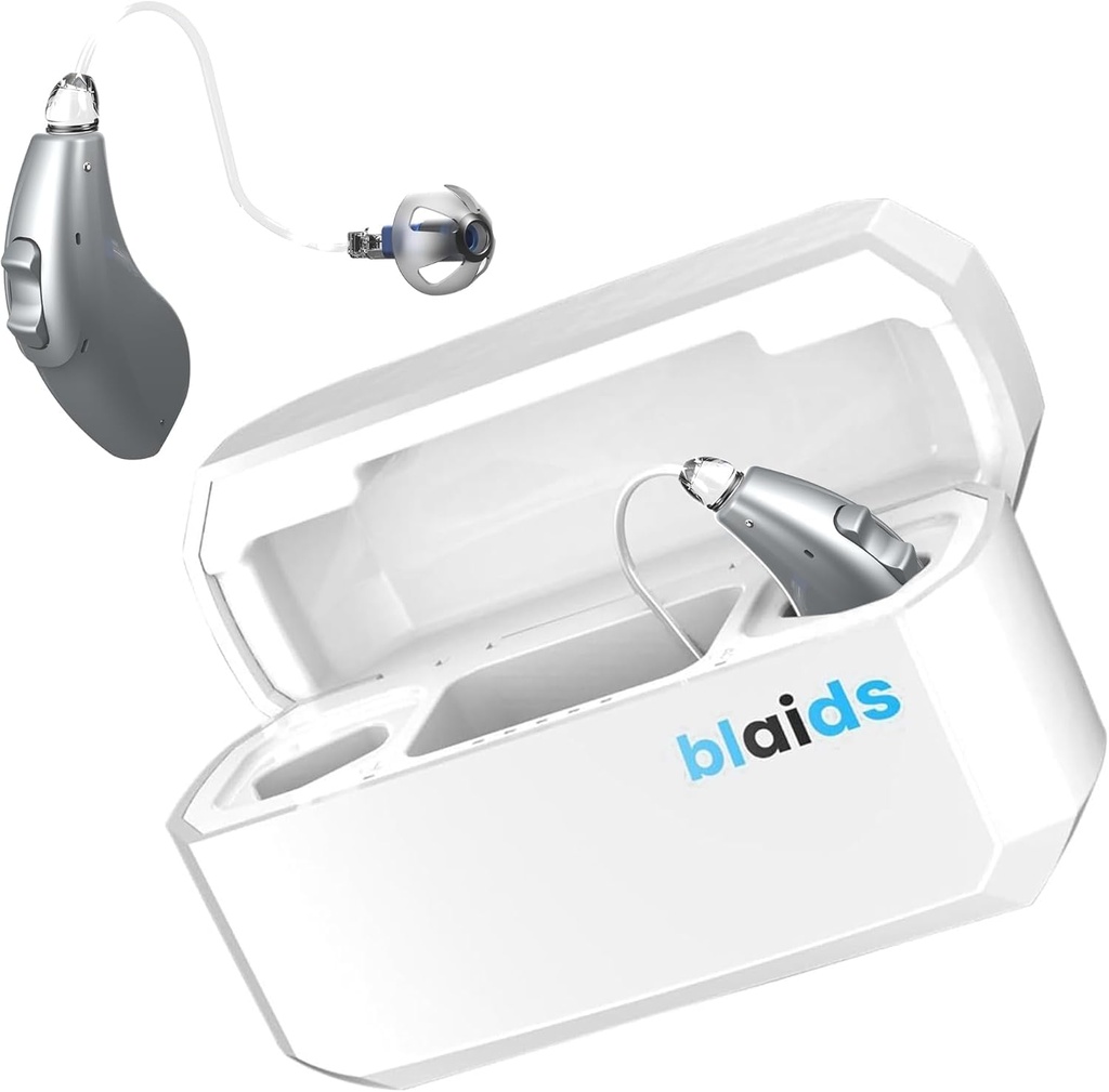 BlaidsX Neuro Rechargeable RIC + Programabilni slušni pripomočki za odrasle s preizkusom sluha mobilne aplikacije in hrupom, Slušni pripomočki za starejše, Dual Mic & 96 DSP kanali. Procesor USA-Made