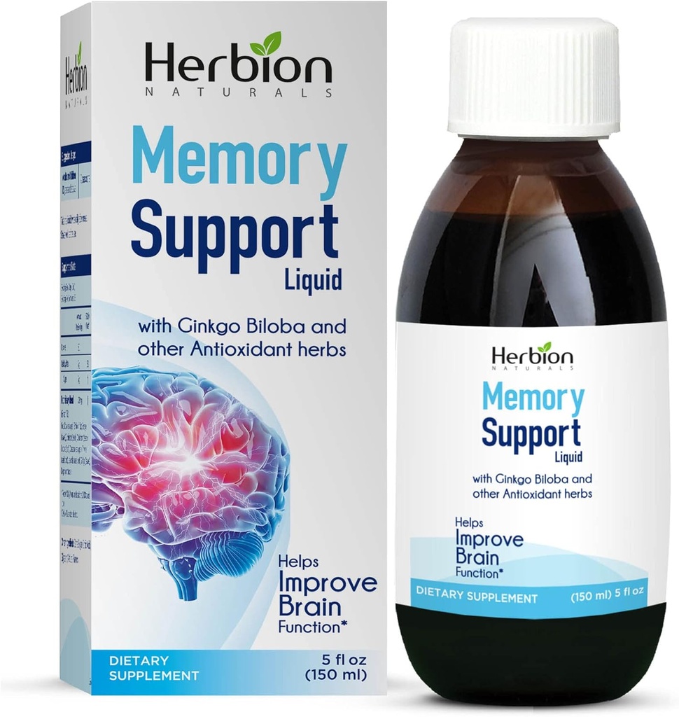 HERBION Naturals Memory Support Liquid - pomaga izboljšati delovanje možganov in odsoten um, ohranja zdrave razpoloženja ravni z Ginkgo Biloba, odrasli in otroci več kot 12 let, 5 fl oz, 150 ml