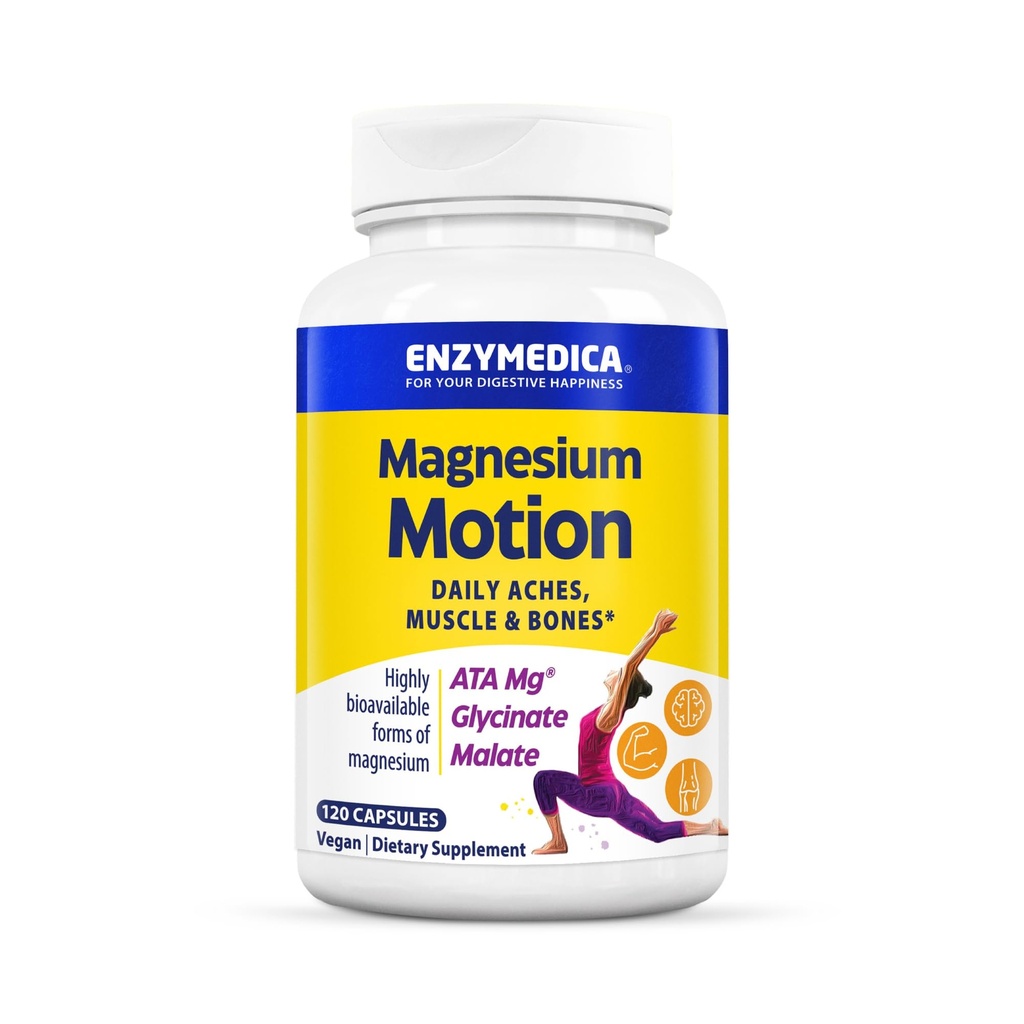 Enzymedica, Magnezij Motion s 3 oblikami magnezija, ATA Mg, Glycinate, Malate, Soothes občasno bolečine, podpira kosti in mišice, 120 kapsul