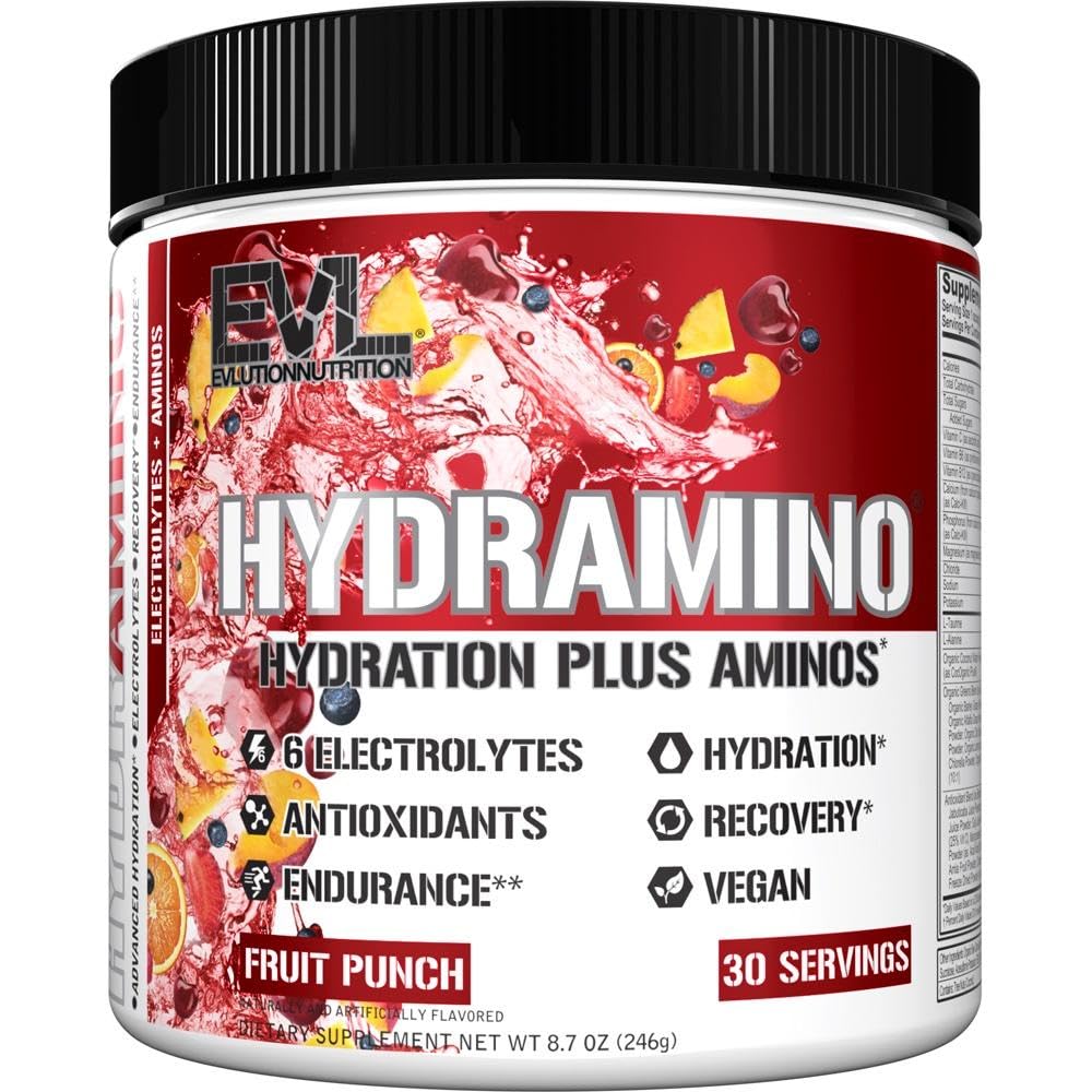 Evalution Nutrition HYDRAMINO Popolni Hydration Multiplier, Vseh 6 Elektroliti, Vitamin C & B, Fluid za povečanje aminokislin, Kokosova voda, vzdržljivost, Recovery, Antioksidanti, 30 Serve, Sadni Punch