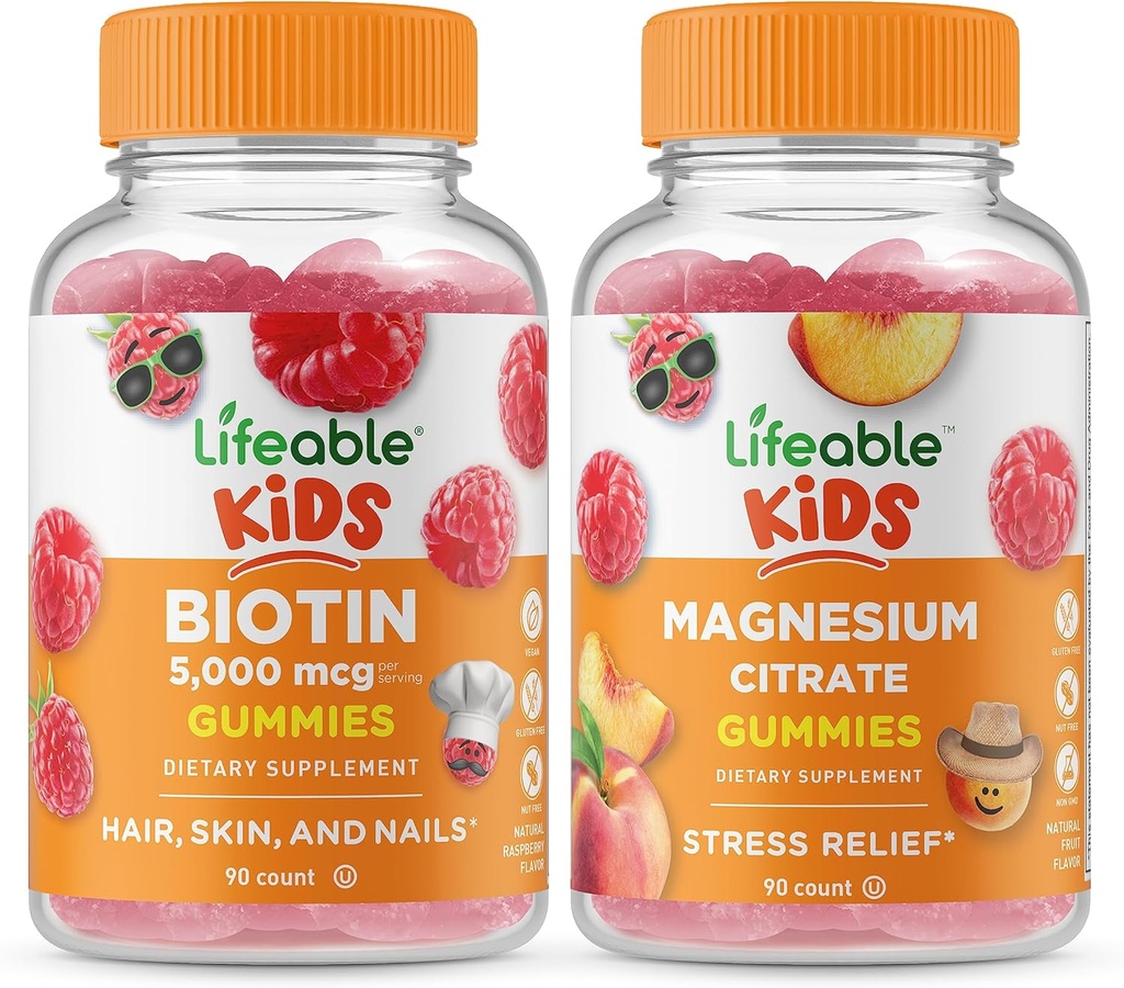 Življenjski Biotin Otroci + Magnezijev Citrat Otroci, Gummies Bundle - odličen degustacija, Vitamin dopolnilo, Gluten brezplačno, GSO brezplačno, Žvečljivi Gummy