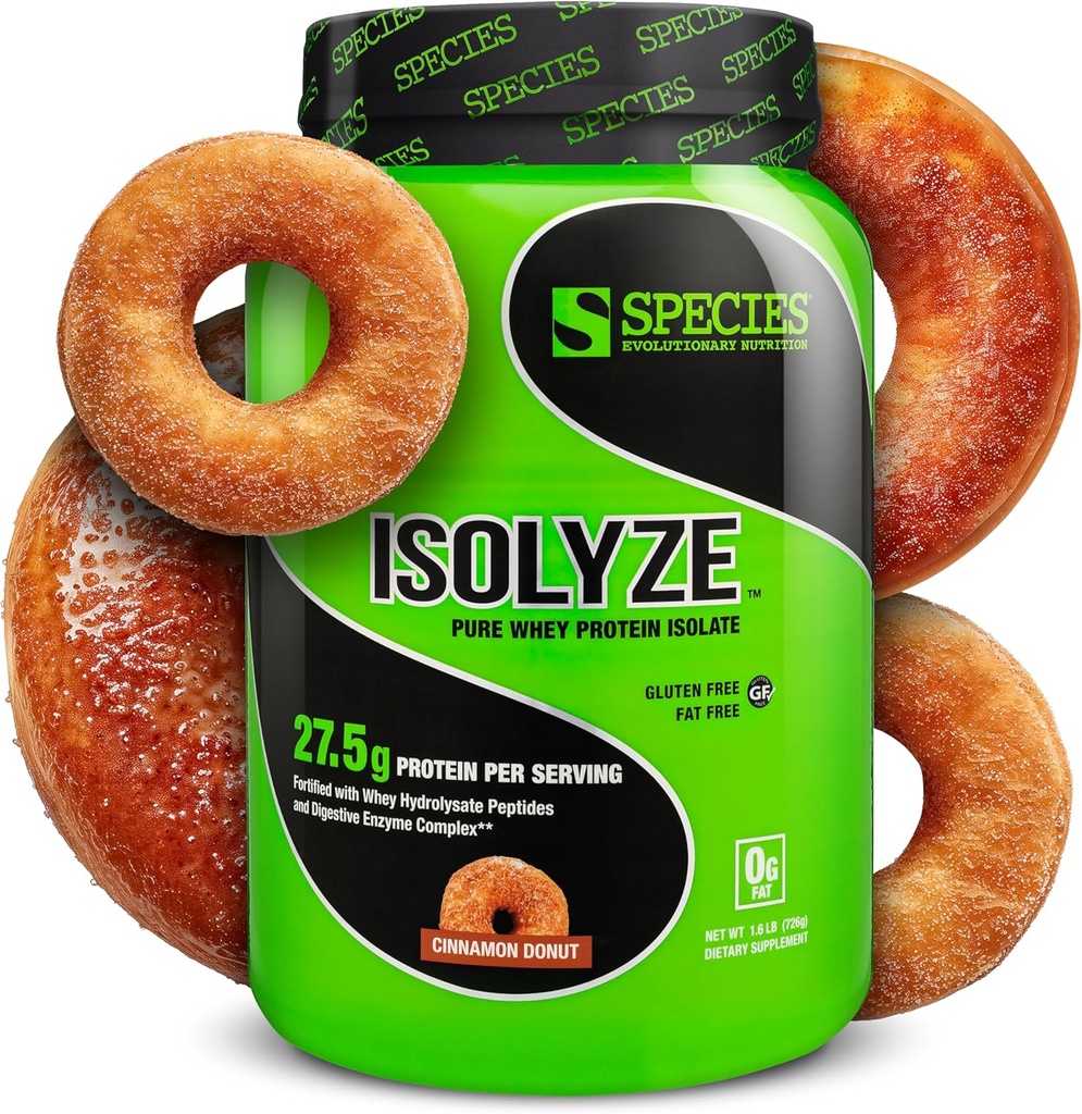 Species Nutrition Isolyze Whey Protein Powder, 100% sirotkin izolat za izgradnjo mišic, 27,5 g Beljakovine na Scoop, brez sladkorja in nizko maščobo (Cinnamon Donut, 22 serverjev)