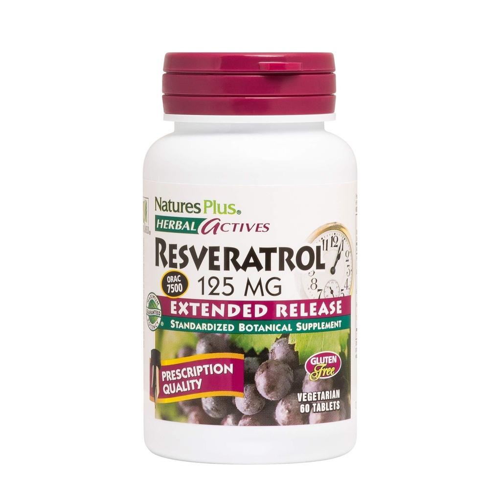 Natures Plus Herbal Actives Resveratrol, razširjena sprostitev - 125 mg, 60 Vegetarijanske tablete - Gluten-free - 30 Serving