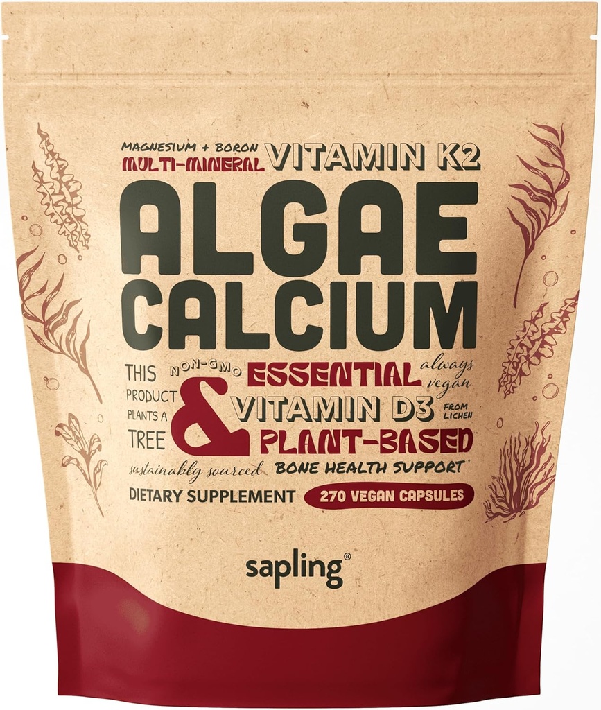 Kalcijev dodatek - Cela hrana z vitaminom K2 & D3, magnezij, cink, bor, mineralni kompleks. Izvira iz Rdeče alge za moč in podporo kosti. Ne-GMO & Vegan (270 števk)