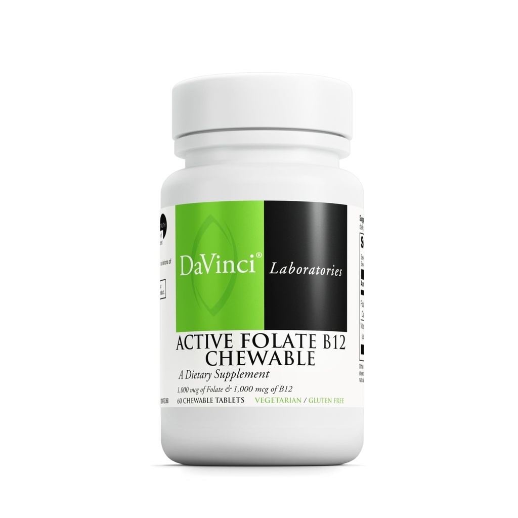 DAVINCI Labs Active Folate B12 Žvečljiva - prehranska dopolnila v podporo zdravju srca, zdravih živcev, imunske funkcije in proizvodnje energije* - z Folat in vitamin B12-60 Žvečljive tablete