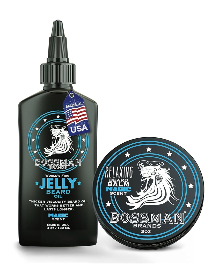 Bossman želeno olje za moške & Brada Balm za moške Combo - softens, Tames vlaži & pogoji - Magic Scent - naravne sestavine & Made in USA