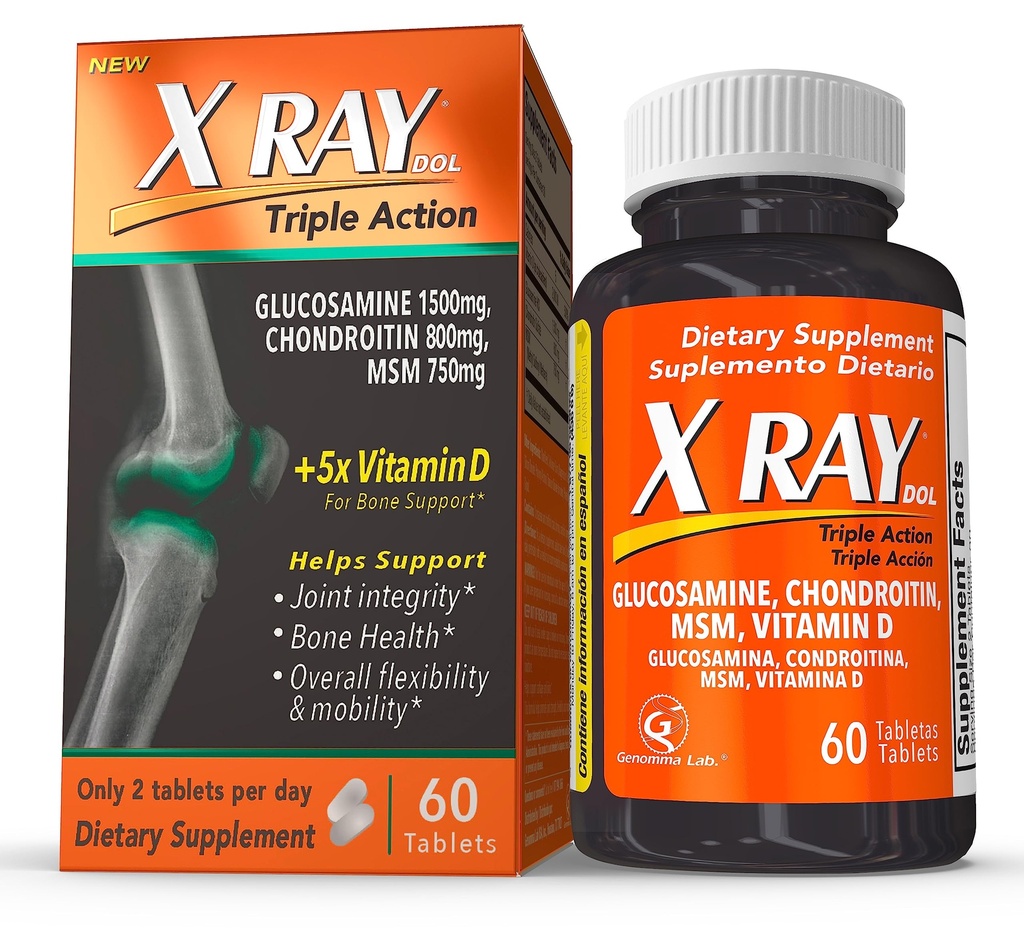 X Ray Dol Trojna akcija Skupna podpora dodatek z glukozamin 1500mg, Chondroitin 800mg, MSM 750mg in 5X Vitamin D za zdrave sklepe, kosti in kartilaža - 60 Število na steklenico - 1 pakiranje