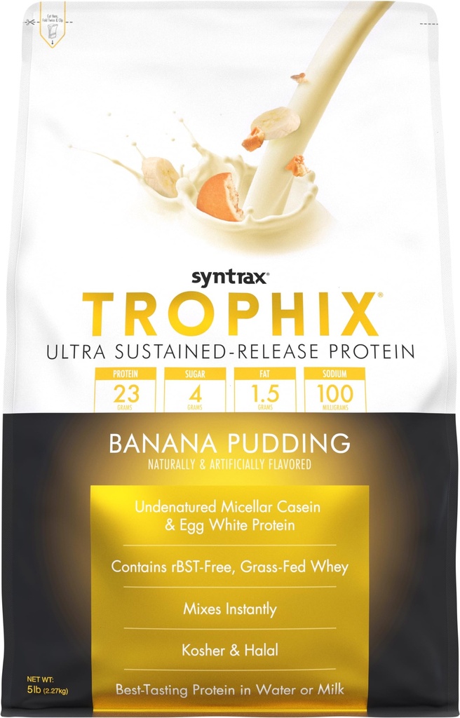 Syntrax Nutrition Trophix, Ultra Trajen-Release Protein Powder mešanica, Banana Pudding, 5 funtov.