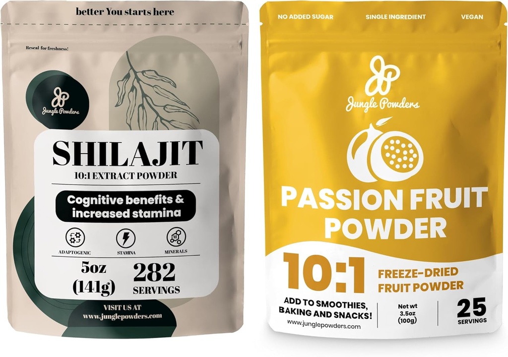 Jungle Powders Premium Duo: 5oz Raw Shilajit & 3.5oz Passion Fruit Powder - Moška energijska podpora, Imuno Boost, z zamrzovanjem posušenega pasijonskega sadnega praška za peko, napitke, izvleček brez dodatkov