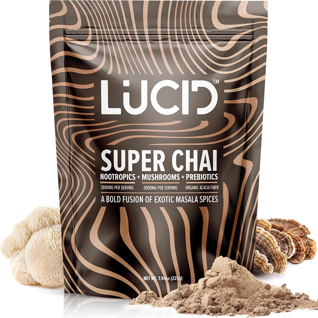 Lucid Superfood Organska goba Chai z nootropiko - Lion's Mane, Tremella, Cordyceps & Turkey Tail - Instant goba Chai Focus Brain Health - Alpha GPC, L-Theanine, Ginko Biloba - ZDA Made