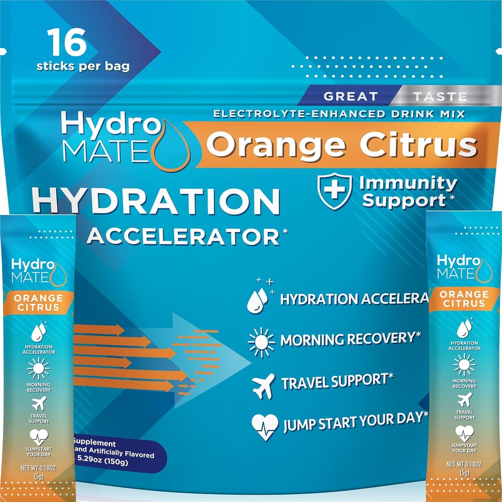 HydroMATE Elektrolites Powder z nizkim sladkorjem - 16 Instant Hydration Packets z vitaminom C Orange za povečanje energije - Nizki sladkor Elektroliti Powder Packets za podporo Hidracija za hitro okrevanje stranke