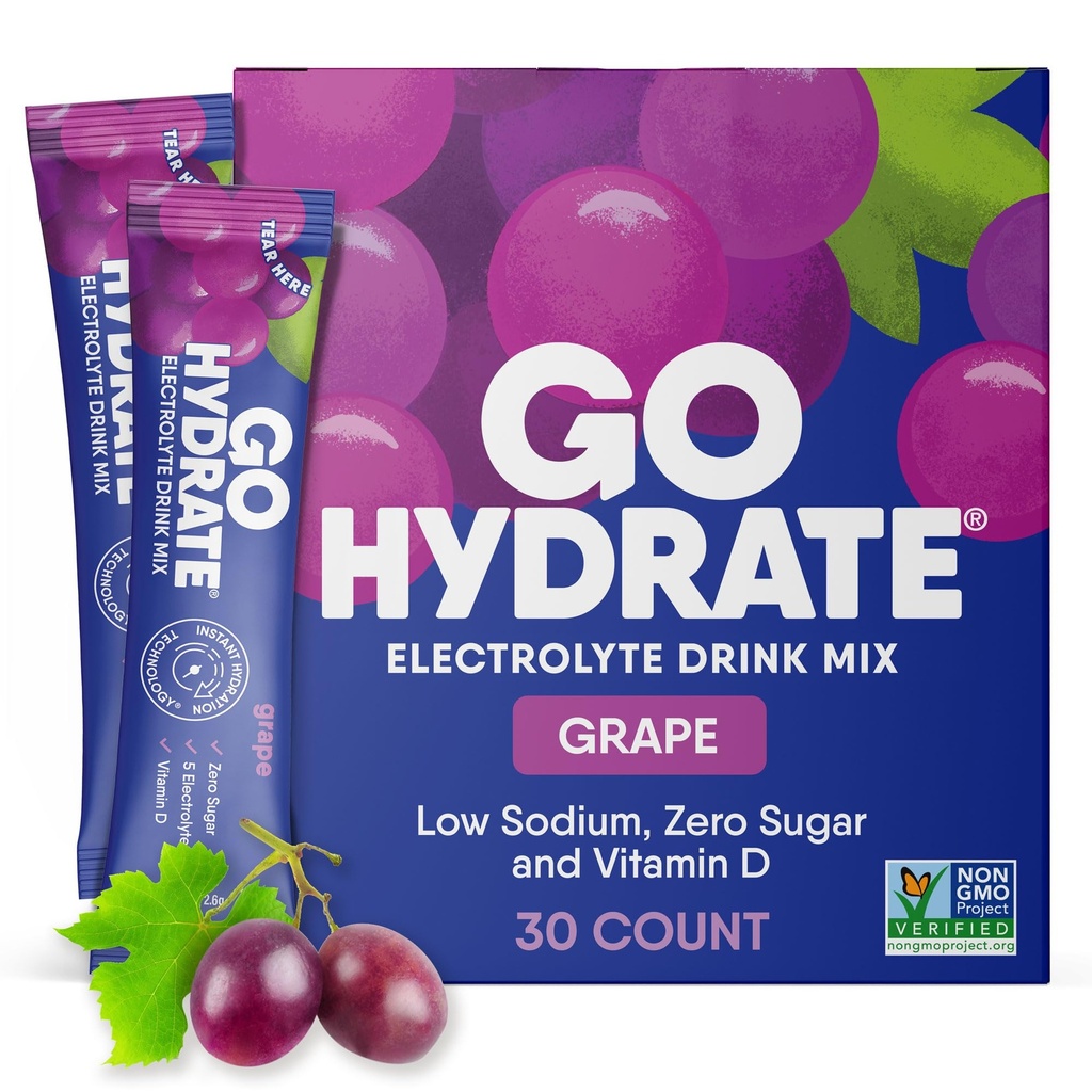 GoHydrate Instant Hydration Powder Packets - Nizki natrijevi elektroliti Drink Mix - naravna Hydration Podpora, Sladkor brez elektrolita aromatiziranega praška pijača z vitaminom D, 30 Packs, Grozdje