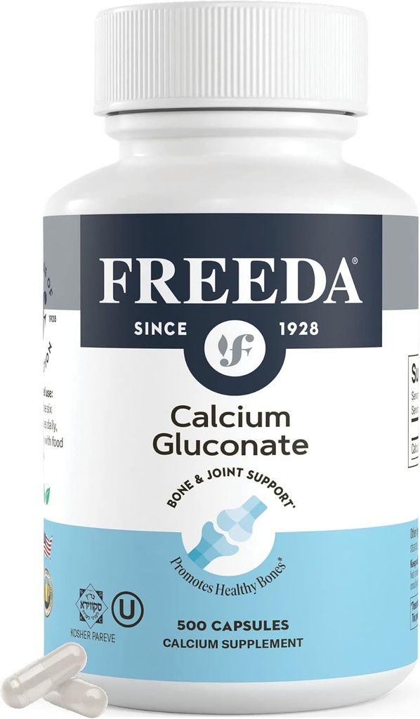 Freeda Calcium Gluconate – Kosher Vegan Kalcijev dodatek – Enostaven za prebavo in absorbcijo – Podpira moč kosti – čisti kalcij brez vitamina D – (500 kapsul)