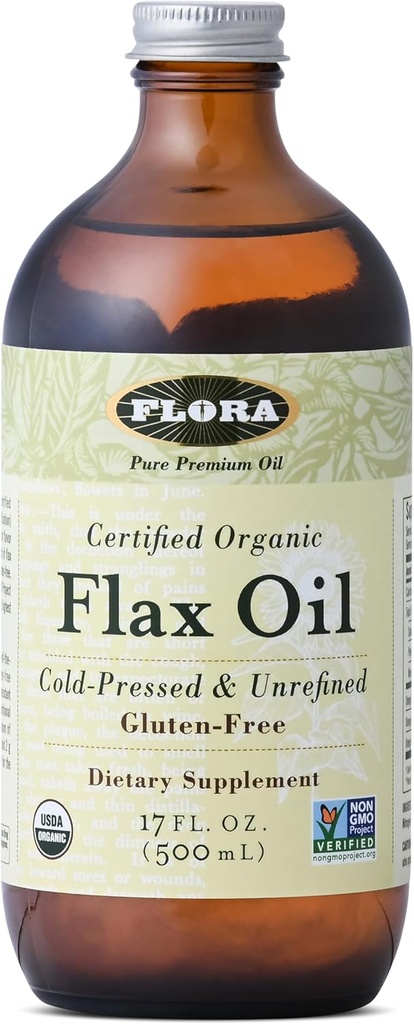 Flora - Laneno olje - hladno, neprečiščeno, organsko laneno olje - vsebuje Omega-3 & Omega-6 - Non-GMO & Gluten-free - Hranite ohlajen - 17 fl. oz. Amber Steklenica