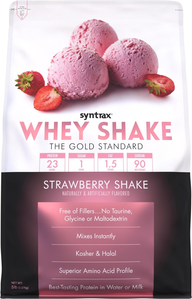 Syntrax Nutrition Whey Shake, hladno filtrirani in nedenaturirani sirotkini proteini v prahu mešanica, Jagodni Shake, 5 lbs