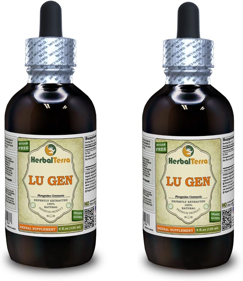 Lu Gen, Reed (Phragmites Communis) Tinktura, posušen korenski tekoči ekstrakt (Brand Name: HerbalTerra, Ponosno izdelan v ZDA) 2x4 fl.oz (2x120 ml)