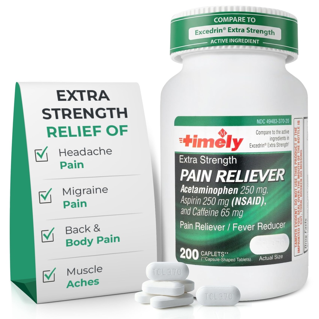 Time-CAP LABS, INC. Pravočasna dodatna moč Glavobol Relief - acetatfen z Aspirin & Kofein (200 Kapleti) - Glavobol, Migrena & hrbet in bolečine v telesu in mišice - Dodatna moč - Izdelano v ZDA